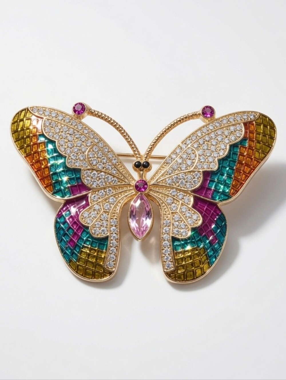 Vintage Style Colorful Enamel Rhinestone Butterfly Brooch Pin Gold Tone Mosaic